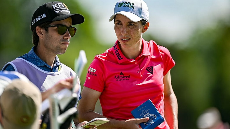 Jun 25, 2023; Springfield, New Jersey, USA; Carlota Ciganda talks to her caddy on the 4th hole during the final round of the KPMG Women's PGA Championship golf tournament. Mandatory Credit: John Jones-USA TODAY Sports