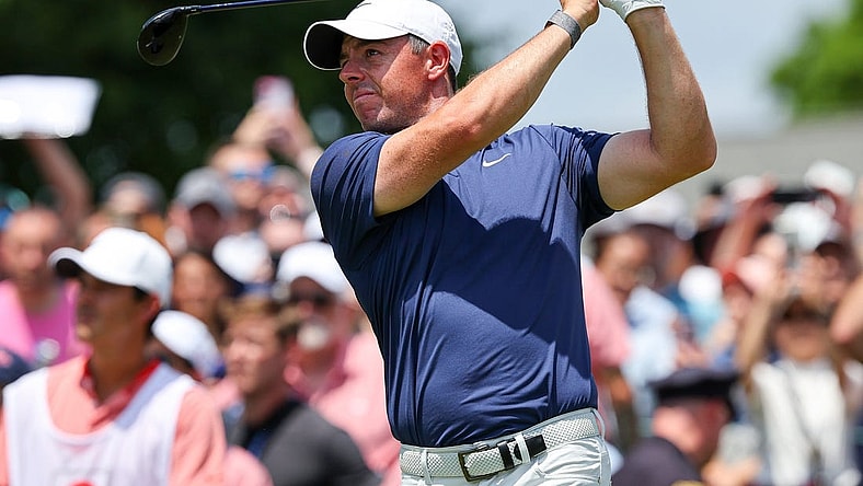 Jun 25, 2023; Cromwell, Connecticut, USA; Rory McIlroy plays his shot from the first tee during the final round of the Travelers Championship golf tournament. Mandatory Credit: Vincent Carchietta-USA TODAY Sports