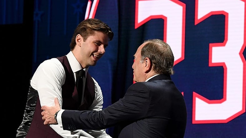 Jun 28, 2023; Nashville, Tennessee, USA; NHL commissioner Gary Bettman congratulates Columbus Blue jackets third overall pick Adam Fantilli during round one of the 2023 NHL Draft at Bridgestone Arena. Mandatory Credit: Christopher Hanewinckel-USA TODAY Sports