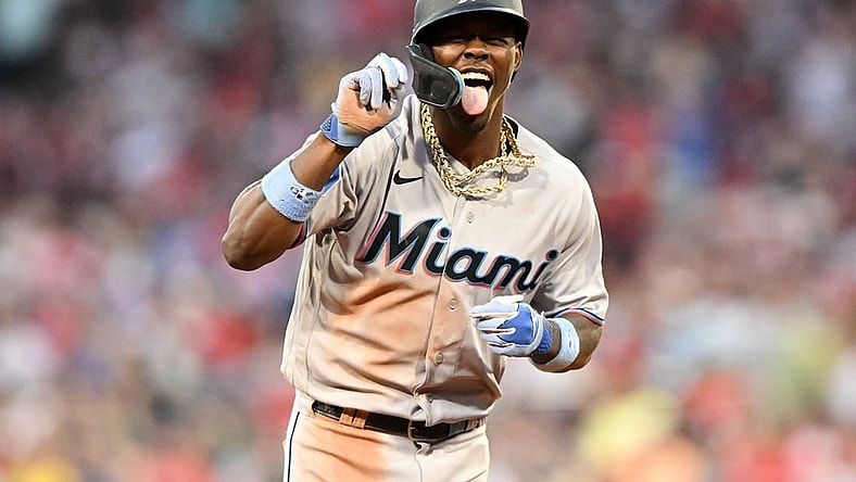 Jun 29, 2023; Boston, Massachusetts, USA; Miami Marlins center fielder Jazz Chisholm Jr. (2) reacts after hitting a home run against the Boston Red Sox during the ninth inning at Fenway Park. Mandatory Credit: Brian Fluharty-USA TODAY Sports