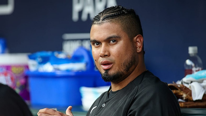 Jun 30, 2023; Atlanta, Georgia, USA; Miami Marlins second baseman Luis Arraez (3) in the dugout against the Atlanta Braves in the second inning at Truist Park. Mandatory Credit: Brett Davis-USA TODAY Sports