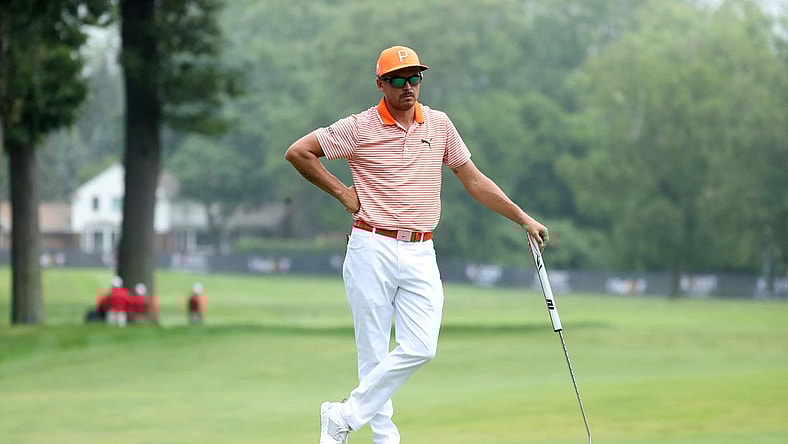 Rickie Fowler waits to putt on the eight green during final round action of the Rocket Mortgage Classic Sunday, July 2, 2023.