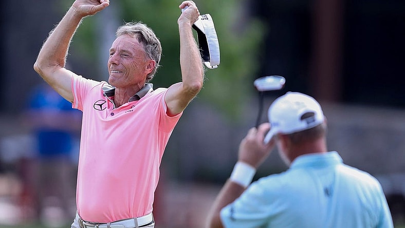 Bernhard Langer celebrates after sinking a putt on the 18th hole during the final round of the 2023 U.S. Senior Open on Sunday, July 2, 2023, at SentryWorld in Stevens Point, Wis. Langer won the tournament at 7-under par to claim his 46th career PGA Tour Champions victory, a new tour record.Tork Mason/USA TODAY NETWORK-Wisconsin