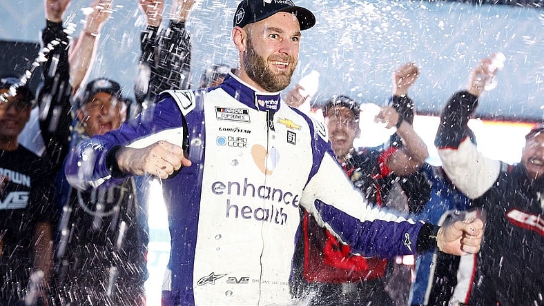 Jul 2, 2023; Chicago, Illinois, USA; NASCAR Cup Series driver Shane Van Gisbergen (91) reacts after winning the Grant Park 220 of the Chicago Street Race at Chicago Street Race. Mandatory Credit: Mike Dinovo-USA TODAY Sports
