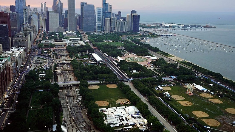 Jul 2, 2023; Chicago, Illinois, USA; A general view as cars race along Grant Park during the Grant Park 220 of the Chicago Street Race viewed from the NEMA Chicago buliding. Mandatory Credit: Jon Durr-USA TODAY Sports