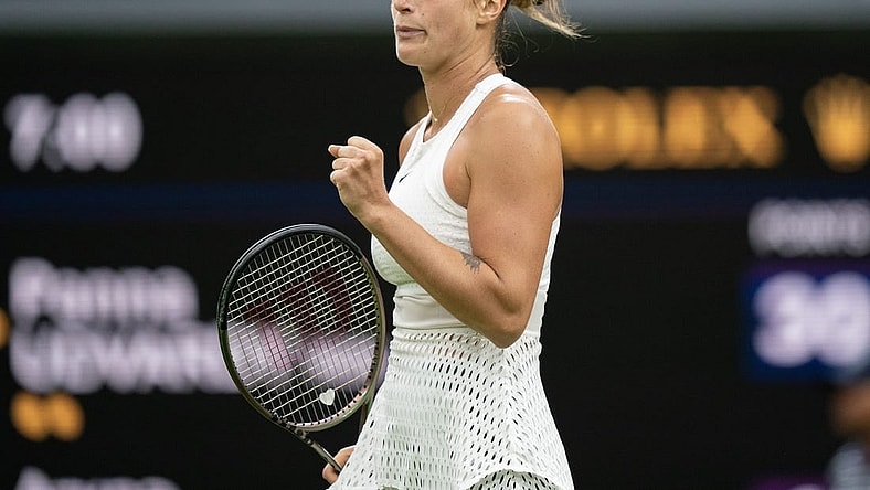 Jul 4, 2023; London, United Kingdom; Aryna Sabalenka reacts to a point during her match against Panna Udvardy (HUN) on day two at the All England Lawn Tennis and Croquet Club.  Mandatory Credit: Susan Mullane-USA TODAY Sports
