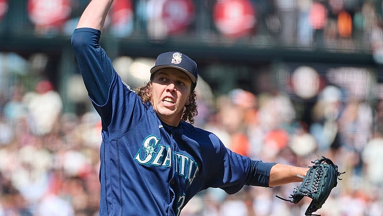 Jul 4, 2023; San Francisco, California, USA; Seattle Mariners pitcher Logan Gilbert (36) reacts after the final out of the ninth inning against the San Francisco Giants at Oracle Park. Mandatory Credit: Robert Edwards-USA TODAY Sports