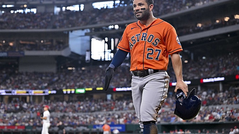 Jul 3, 2023; Arlington, Texas, USA; Houston Astros second baseman Jose Altuve (27) during the game between the Texas Rangers and the Houston Astros at Globe Life Field. Mandatory Credit: Jerome Miron-USA TODAY Sports