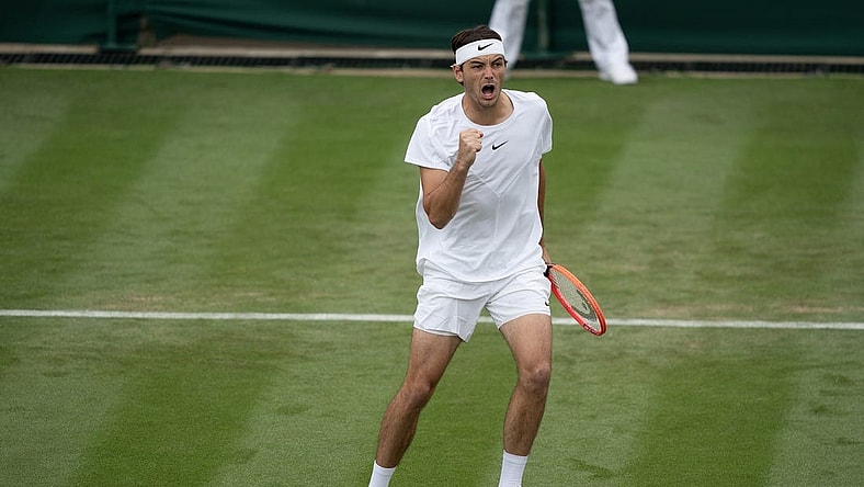 Jul 5, 2023; London, United Kingdom; Taylor Fritz (USA) reacts to a point during his match against Yannick Hanfmann  (GER) on day three at the All England Lawn Tennis and Croquet Club.  Mandatory Credit: Susan Mullane-USA TODAY Sports