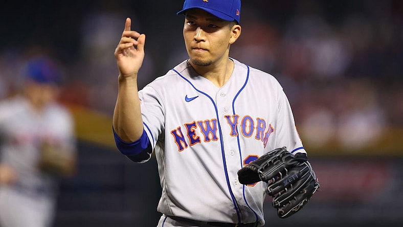 Jul 5, 2023; Phoenix, Arizona, USA; New York Mets pitcher Kodai Senga reacts after the final out in the first inning against the Arizona Diamondbacks at Chase Field. Mandatory Credit: Mark J. Rebilas-USA TODAY Sports
