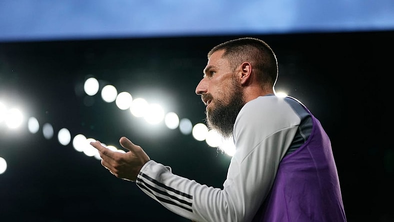 Jul 1, 2023; Columbus, Ohio, USA;  Columbus Crew defender Milos Degenek (5) prepares to take the field as a sub during the second half of the MLS soccer game against the New York Red Bulls at Lower.com Field. The Crew won 2-1.
