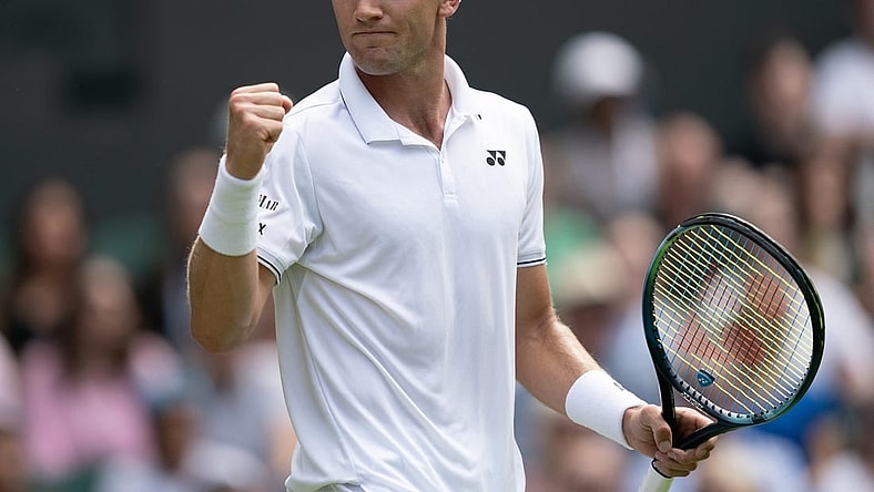 Jul 6, 2023; London, United Kingdom; Casper Ruud (NOR) reacts to a point during his match against Liam Broady (GBR) on day four at the All England Lawn Tennis and Croquet Club.  Mandatory Credit: Susan Mullane-USA TODAY Sports