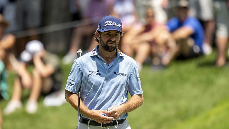 Jul 7, 2023; Silvis, Illinois, USA; Cameron Young walks onto the 9th green during the second round of the John Deere Classic golf tournament. Mandatory Credit: Marc Lebryk-USA TODAY Sports