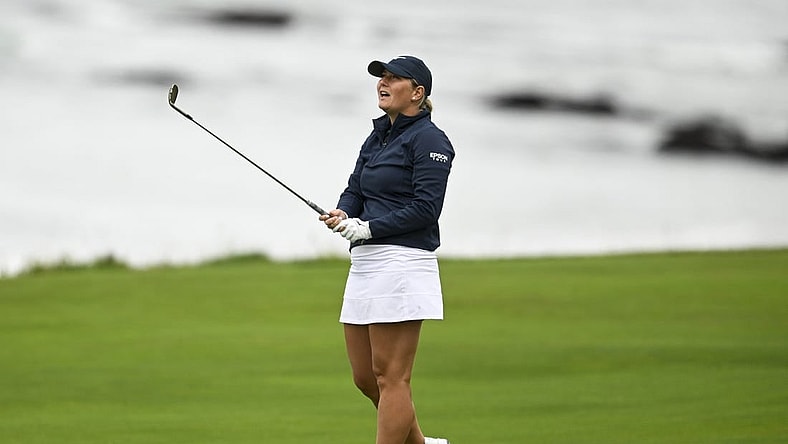 Jul 7, 2023; Pebble Beach, California, USA; Bailey Tardy watches her shot on the tenth hole during the second round of the U.S. Women's Open golf tournament at Pebble Beach Golf Links. Mandatory Credit: Kelvin Kuo-USA TODAY Sports