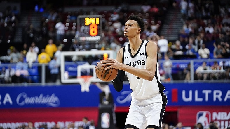 Jul 7, 2023; Las Vegas, NV, USA; San Antonio Spurs forward Victor Wembanyama (1) shoots the ball against the Charlotte Hornets during the second half at Thomas & Mack Center. Mandatory Credit: Lucas Peltier-USA TODAY Sports