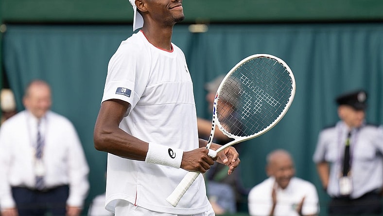 Jul 8, 2023; London, United Kingdom; Christopher Eubanks (USA) celebrates winning his match against Christopher O   Connell (AUS) on day six at the All England Lawn Tennis and Croquet Club.  Mandatory Credit: Susan Mullane-USA TODAY Sports