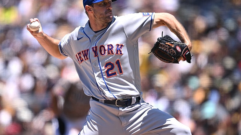 Jul 9, 2023; San Diego, California, USA; New York Mets starting pitcher Max Scherzer (21) throws a pitch against the San Diego Padres during the first inning at Petco Park. Mandatory Credit: Orlando Ramirez-USA TODAY Sports