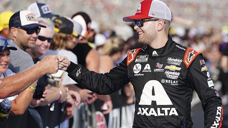 Jul 9, 2023; Hampton, Georgia, USA; NASCAR Cup Series driver William Byron (24) during driver introductions at Atlanta Motor Speedway. Mandatory Credit: Marvin Gentry-USA TODAY Sports