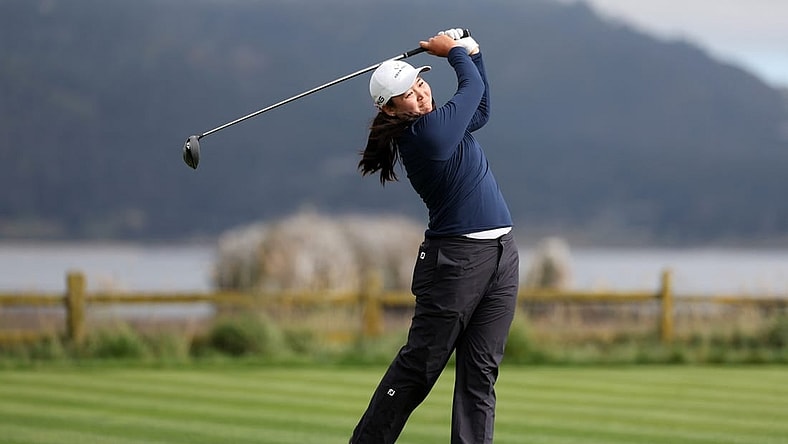 Jul 9, 2023; Pebble Beach, California, USA; Allisen Corpuz tees off on the eighteenth hole during the final round of the U.S. Women's Open golf tournament at Pebble Beach Golf Link. Mandatory Credit: Kiyoshi Mio-USA TODAY Sports
