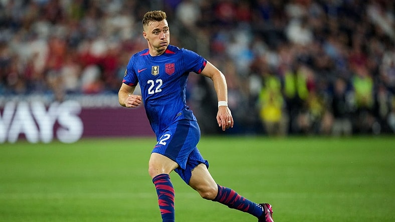 Jul 9, 2023; Cincinnati, Ohio, USA;  United States forward Julian Gressel (22) runs on the field against Canada at TQL Stadium. Mandatory Credit: Aaron Doster-USA TODAY Sports