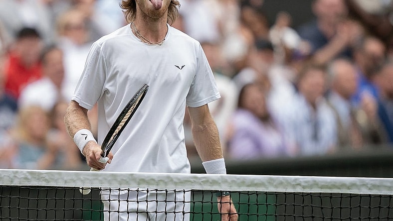 Jul 11, 2023; London, United Kingdom; Andrey Rublev reacts to a point during his match against Novak Djokovic (SRB) on day nine at the All England Lawn Tennis and Croquet Club. Mandatory Credit: Susan Mullane-USA TODAY Sports
