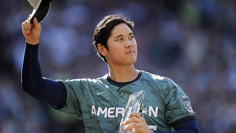 Jul 11, 2023; Seattle, Washington, USA; American League designated hitter/pitcher  Shohei Ohtani  of the Los Angeles Angels of Anaheim (17) reacts during the second inning at T-Mobile Park. Mandatory Credit: Stephen Brashear-USA TODAY Sports