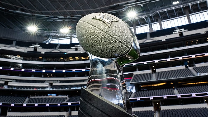 July 12, 2023; Arlington, TX, USA; The Big 12 Championship Trophy on display during the first day of Big 12 Media Days in AT&T Stadium in Arlington, Texas, July 12, 2023.  Mandatory Credit: Sara Diggins-USA TODAY Sports