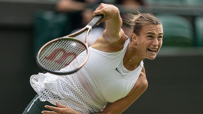 Jul 12, 2023; London, United Kingdom; Aryna Sabalenka serves during her match against Madison Keys (USA) on day ten of Wimbledon at the All England Lawn Tennis and Croquet Club.  Mandatory Credit: Susan Mullane-USA TODAY Sports