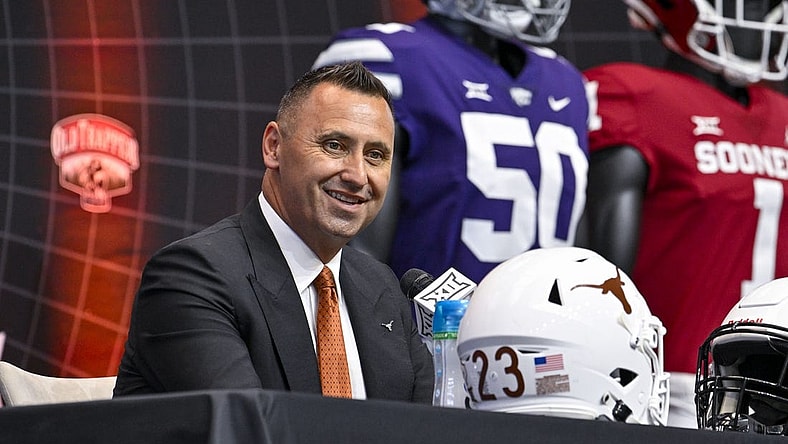 Jul 12, 2023; Arlington, TX, USA; Texas Longhorns head coach Steve Sarkisian is interviewed during Big 12 football media day at AT&T Stadium. Mandatory Credit: Jerome Miron-USA TODAY Sports