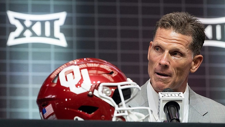 University of Oklahoma head coach Brent Venables speaks on the second day of NCAA college football Big 12 Media Days in Arlington, Texas, Thursday, July 13, 2023. (Sara Diggins/Austin American-Statesman via AP)