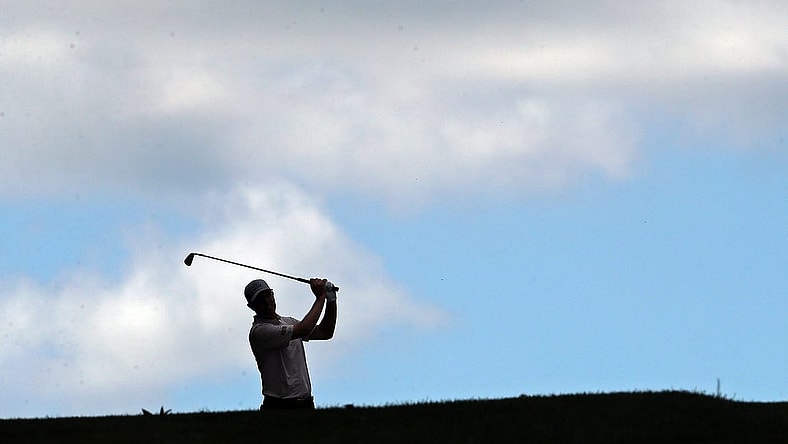 Steven Alker takes his approach from the hill on the No. 16 fairway during the opening round of the 2023 Kaulig Companies Championship at Firestone Country Club, Thursday, July 13, 2023, in Akron, Ohio.