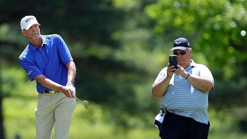 Steve Stricker watches his shot to the No. 4 pin during the second round of the 2023 Kaulig Companies Championship at Firestone Country Club, Friday, July 14, 2023, in Akron, Ohio.