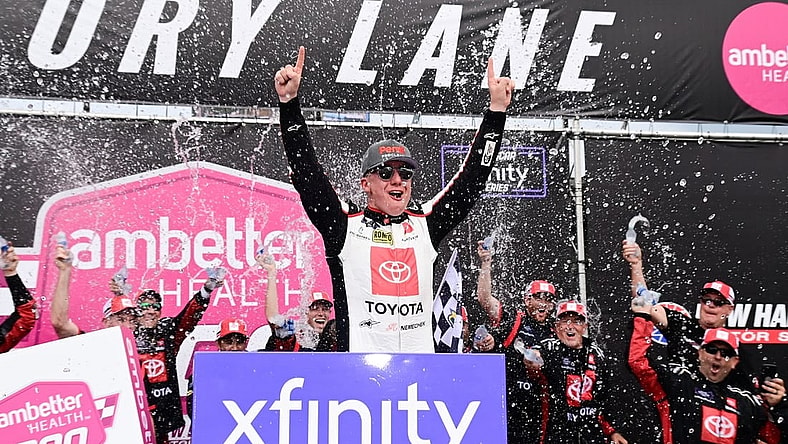 Jul 15, 2023; Loudon, New Hampshire, USA; NASCAR Xfinity Series driver John Hunter Nemechek (20) celebrates winning the Ambetter 200 at New Hampshire Motor Speedway. Mandatory Credit: Eric Canha-USA TODAY Sports