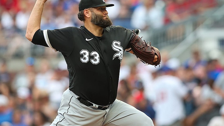 Jul 15, 2023; Atlanta, Georgia, USA; Chicago White Sox starting pitcher Lance Lynn (33) throws against the Atlanta Braves in the second inning at Truist Park. Mandatory Credit: Brett Davis-USA TODAY Sports