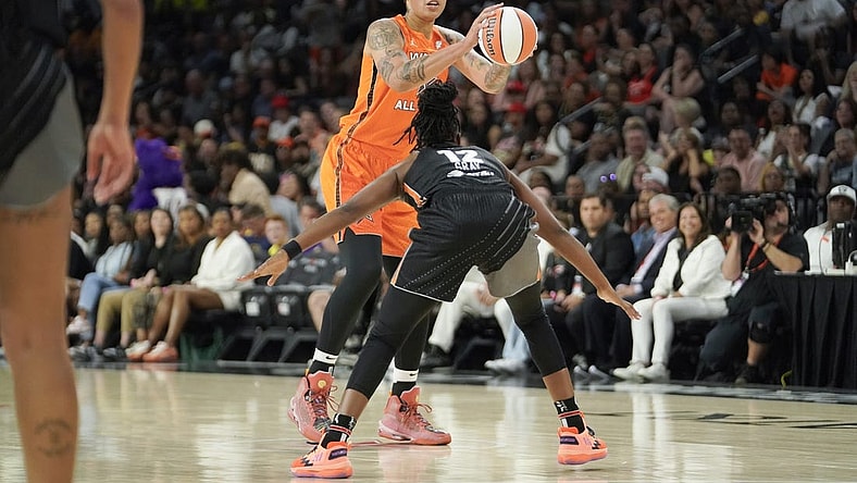 Jul 15, 2023; Las Vegas, NV, USA; Team Stewart frontcourt Brittney Griner (42) controls the ball against Team Wilson guard Chelsea Gray (12) during the first half in the 2023 WNBA All-Star Game at Michelob Ultra Arena. Mandatory Credit: Lucas Peltier-USA TODAY Sports