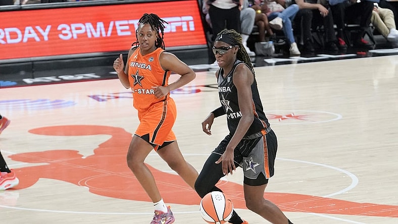 Jul 15, 2023; Las Vegas, NV, USA; Team Wilson guard Rhyne Howard (10) dribbles the ball against Team Stewart frontcourt Satou Sabally (0) during the second half in the 2023 WNBA All-Star Game at Michelob Ultra Arena. Mandatory Credit: Lucas Peltier-USA TODAY Sports