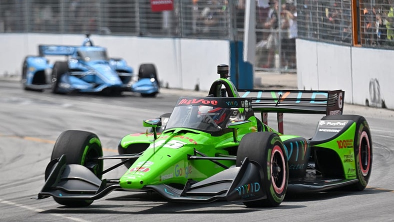Jul 16, 2023; Toronto, Ontario, CAN; IndyCar driver Christian Lundgaard leads Scott McLaughlin during the Honda Indy on the Streets of Toronto. Mandatory Credit: Dan Hamilton-USA TODAY Sports