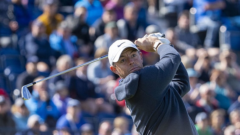 July 17, 2023; Hoylake, ENGLAND, GBR; Rory McIlroy hits his tee shot on the fourth hole during a practice round of The Open Championship golf tournament at Royal Liverpool. Mandatory Credit: Kyle Terada-USA TODAY Sports