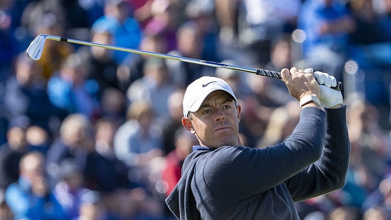July 17, 2023; Hoylake, ENGLAND, GBR; Rory McIlroy hits his tee shot on the fourth hole during a practice round of The Open Championship golf tournament at Royal Liverpool. Mandatory Credit: Kyle Terada-USA TODAY Sports