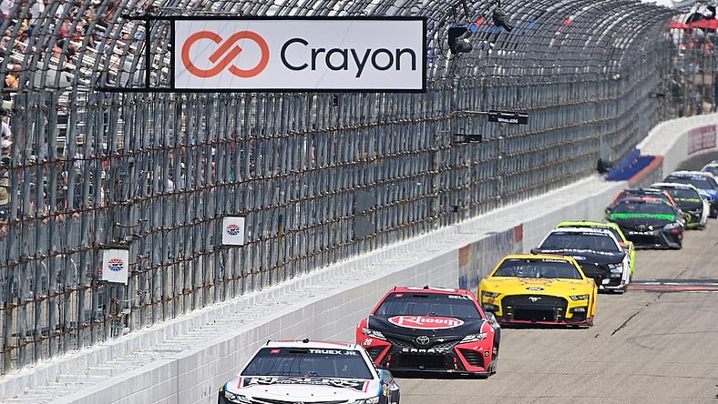 Jul 17, 2023; Loudon, New Hampshire, USA; NASCAR Cup Series driver Martin Truex Jr. (19) leads the pack down the front straightaway during the Crayon 301 at New Hampshire Motor Speedway. Mandatory Credit: Eric Canha-USA TODAY Sports