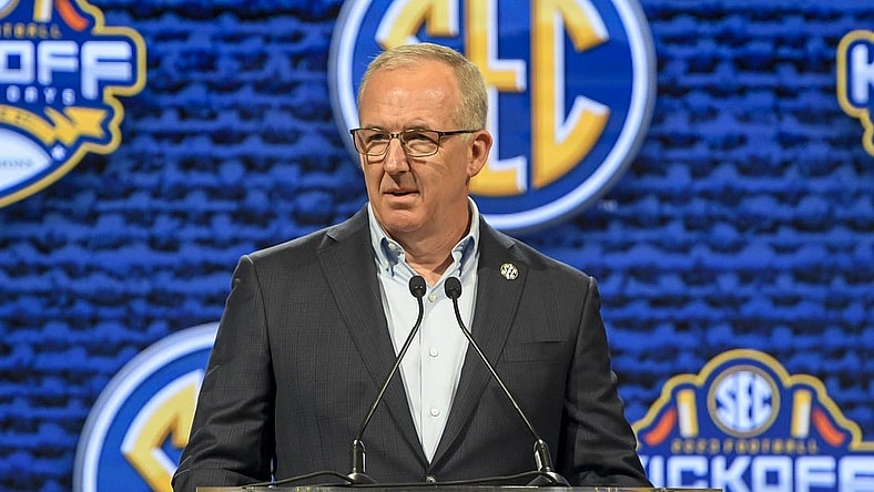 Jul 17, 2023; Nashville, TN, USA; SEC commissioner Greg Sankey  talks with the media during SEC Media Days at Grand Hyatt. Mandatory Credit: Steve Roberts-USA TODAY Sports