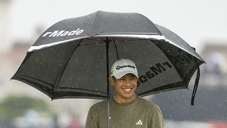 July 18, 2023; Hoylake, ENGLAND, GBR; Collin Morikawa smiles on the 15th hole during a practice round of The Open Championship golf tournament at Royal Liverpool. Mandatory Credit: Kyle Terada-USA TODAY Sports