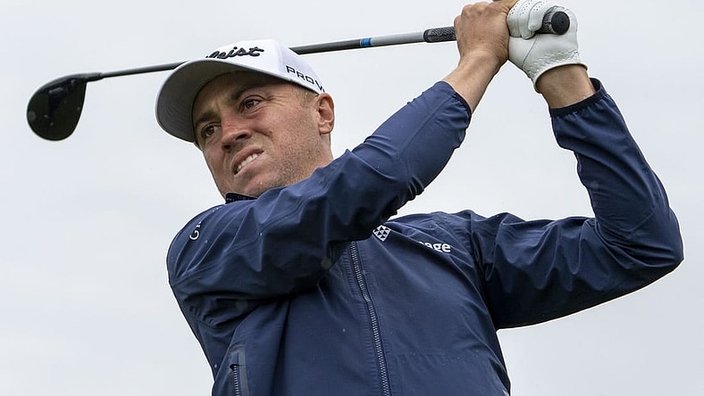 July 18, 2023; Hoylake, ENGLAND, GBR; Justin Thomas hits his tee shot on the fifth hole during a practice round of The Open Championship golf tournament at Royal Liverpool. Mandatory Credit: Kyle Terada-USA TODAY Sports
