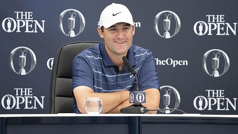July 18, 2023; Hoylake, ENGLAND, GBR; Scottie Scheffler addresses the media in a press conference during a practice round of The Open Championship golf tournament at Royal Liverpool. Mandatory Credit: Kyle Terada-USA TODAY Sports