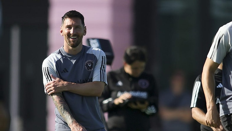 Jul 18, 2023; Fort Lauderdale, FL, USA; Inter Miami CF forward Lionel Messi (10) looks on during team practice at Florida Blue Training Center. Mandatory Credit: Sam Navarro-USA TODAY Sports