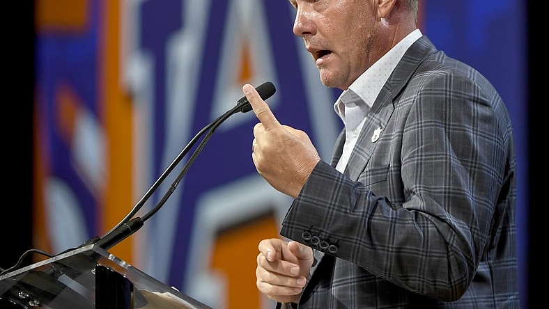 Jul 18, 2023; Nashville, TN, USA;  Auburn Tigers head coach Hugh Freeze speaks with the media during SEC Media Days at Grand Hyatt. Mandatory Credit: Steve Roberts-USA TODAY Sports