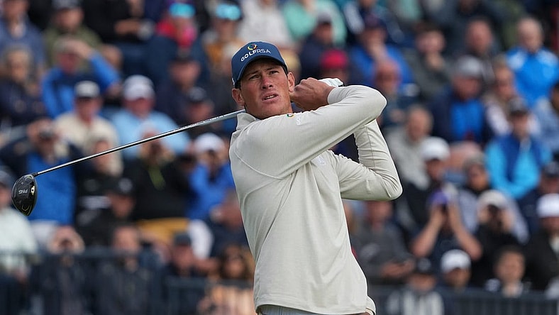 July 20, 2023; Hoylake, ENGLAND, GBR; Christo Lamprecht plays his shot from the fourth tee during the first round of The Open Championship golf tournament at Royal Liverpool. Mandatory Credit: Kyle Terada-USA TODAY Sports