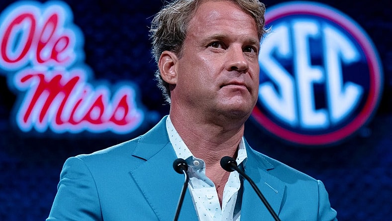Ole Miss Head Coach Lane Kiffin speaks at the 2023 SEC Football Kickoff Media Days at the Nashville Grand Hyatt on Broadway, Thursday, July 20, 2023.
