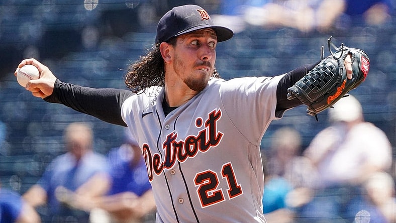 Jul 20, 2023; Kansas City, Missouri, USA; Detroit Tigers starting pitcher Michael Lorenzen (21) delivers a pitch against the Kansas City Royals in the first inning at Kauffman Stadium. Mandatory Credit: Denny Medley-USA TODAY Sports