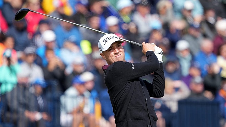 July 21, 2023; Hoylake, ENGLAND, GBR; Justin Thomas plays on the fourth hole during the second round of The Open Championship golf tournament at Royal Liverpool. Mandatory Credit: Kyle Terada-USA TODAY Sports